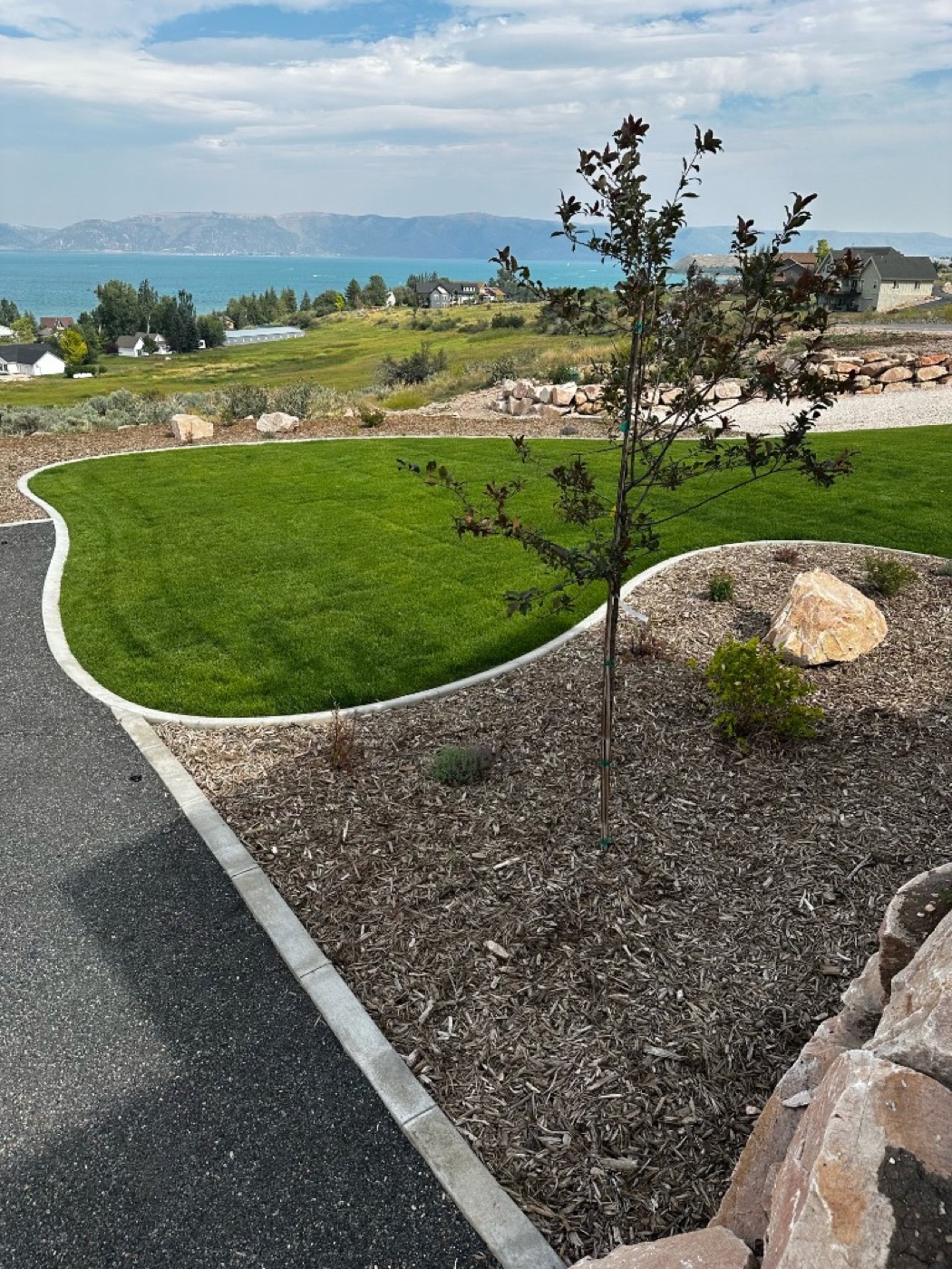 Concrete curbing along driveway edge with young tree and lake view in Utah