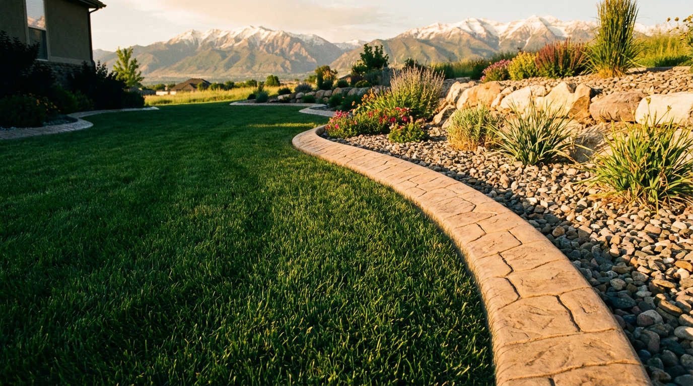 Decorative concrete curbing in Utah — clean stamped edges along green lawn with mountain backdrop